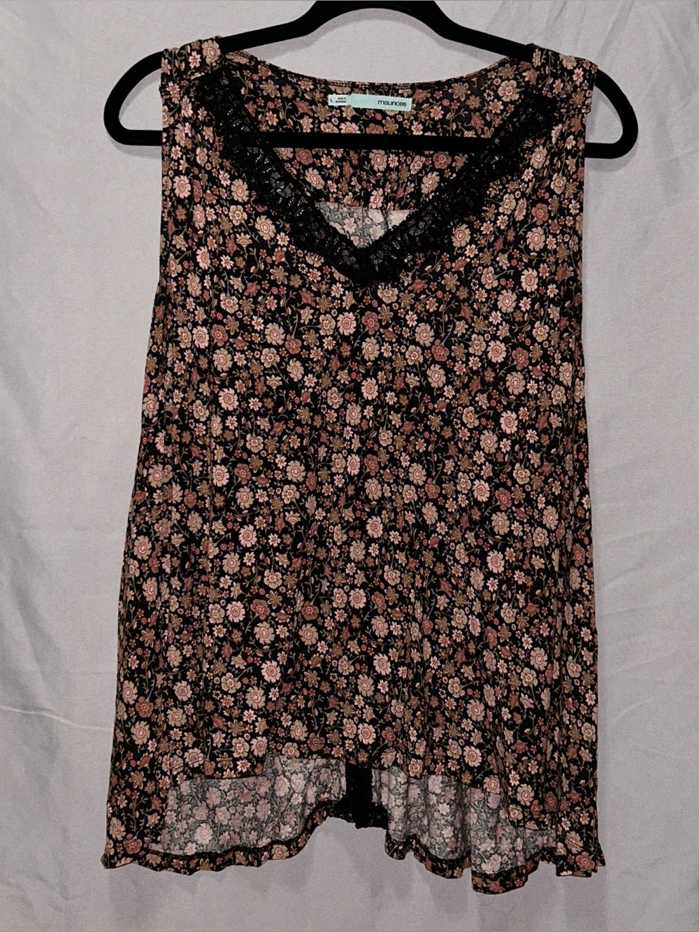 Maurices Black Floral Sleeveless Hi-Low Tank w/ Sheer Lace Back Detail Size L